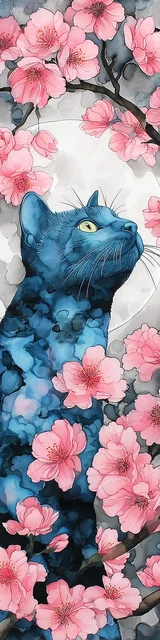 Cat bookmarks featuring a pink cherry blossom tree with blue cat